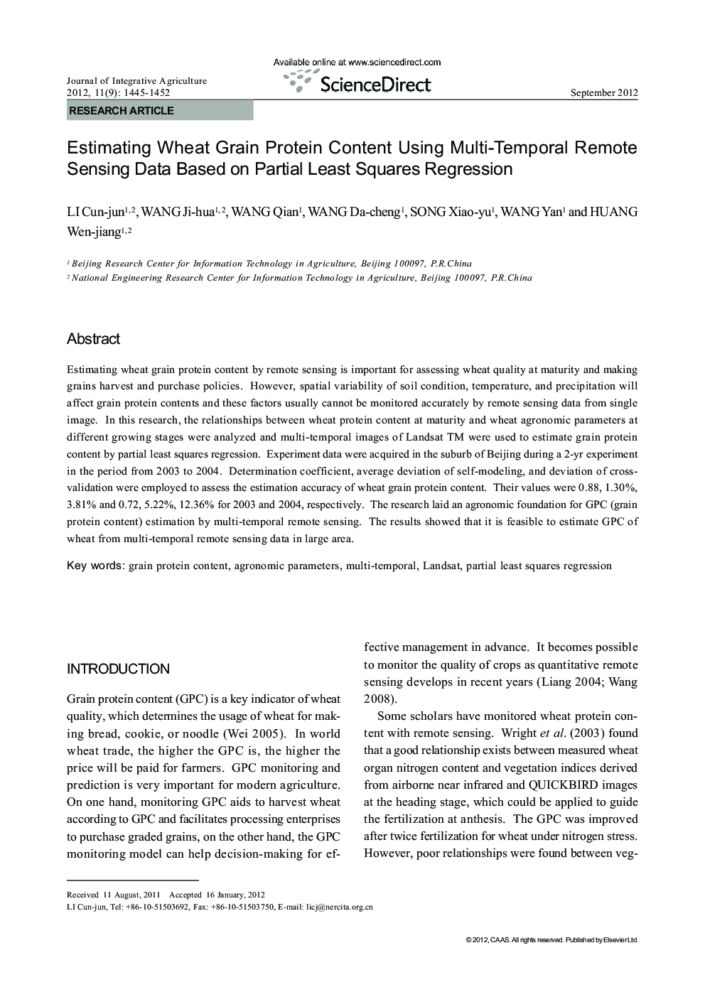 Estimating Wheat Grain Protein Content Using Multi-Temporal Remote Sensing Data Based on Partial Least Squares Regression