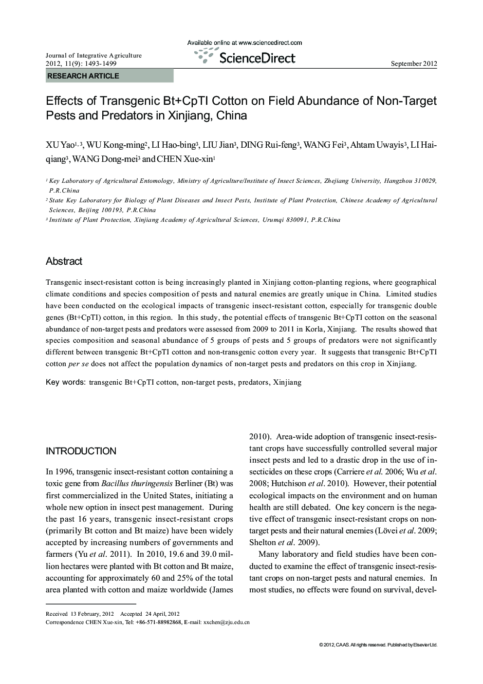 Effects of Transgenic Bt+CpTI Cotton on Field Abundance of Non-Target Pests and Predators in Xinjiang, China