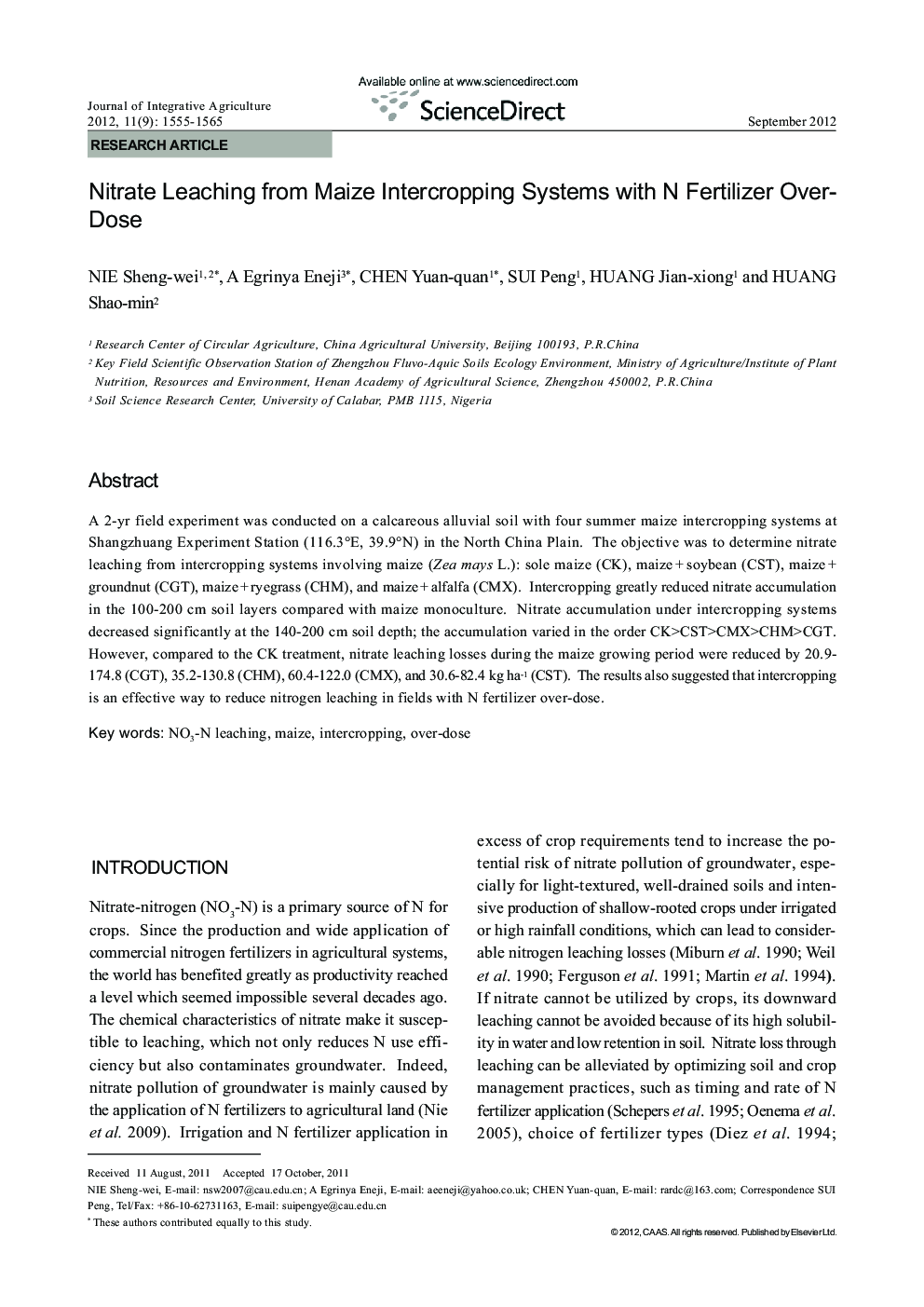 Nitrate Leaching from Maize Intercropping Systems with N Fertilizer Over-Dose