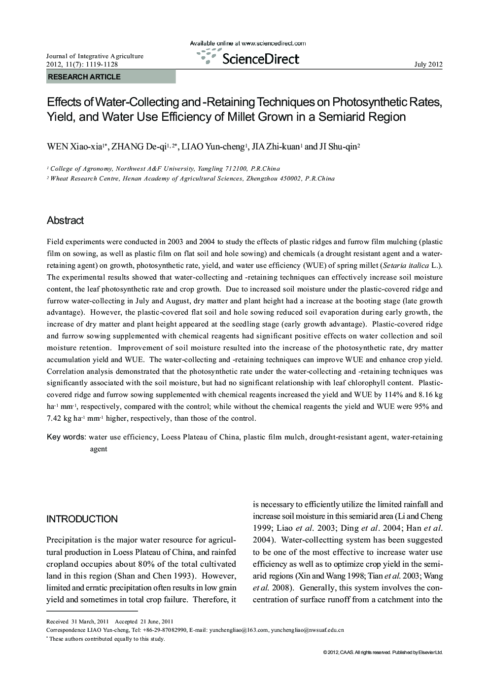 عکس صفحه اول مقاله: Effects of Water-Collecting and -Retaining Techniques on Photosynthetic Rates, Yield, and Water Use Efficiency of Millet Grown in a Semiarid Region Effects of Water-Collecting and -Retaining Techniques on Photosynthetic Rates, Yield, and Water Use Efficiency of Millet Grown in a Semiarid Region