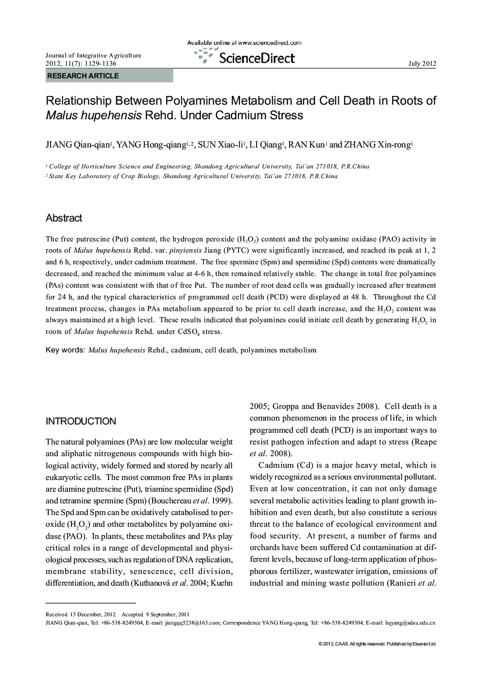 Relationship Between Polyamines Metabolism and Cell Death in Roots of Malus hupehensis Rehd. Under Cadmium Stress