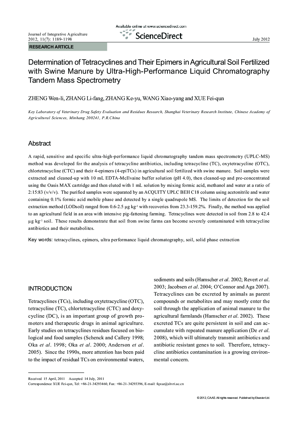 Determination of Tetracyclines and Their Epimers in Agricultural Soil Fertilized with Swine Manure by Ultra-High-Performance Liquid Chromatography Tandem Mass Spectrometry
