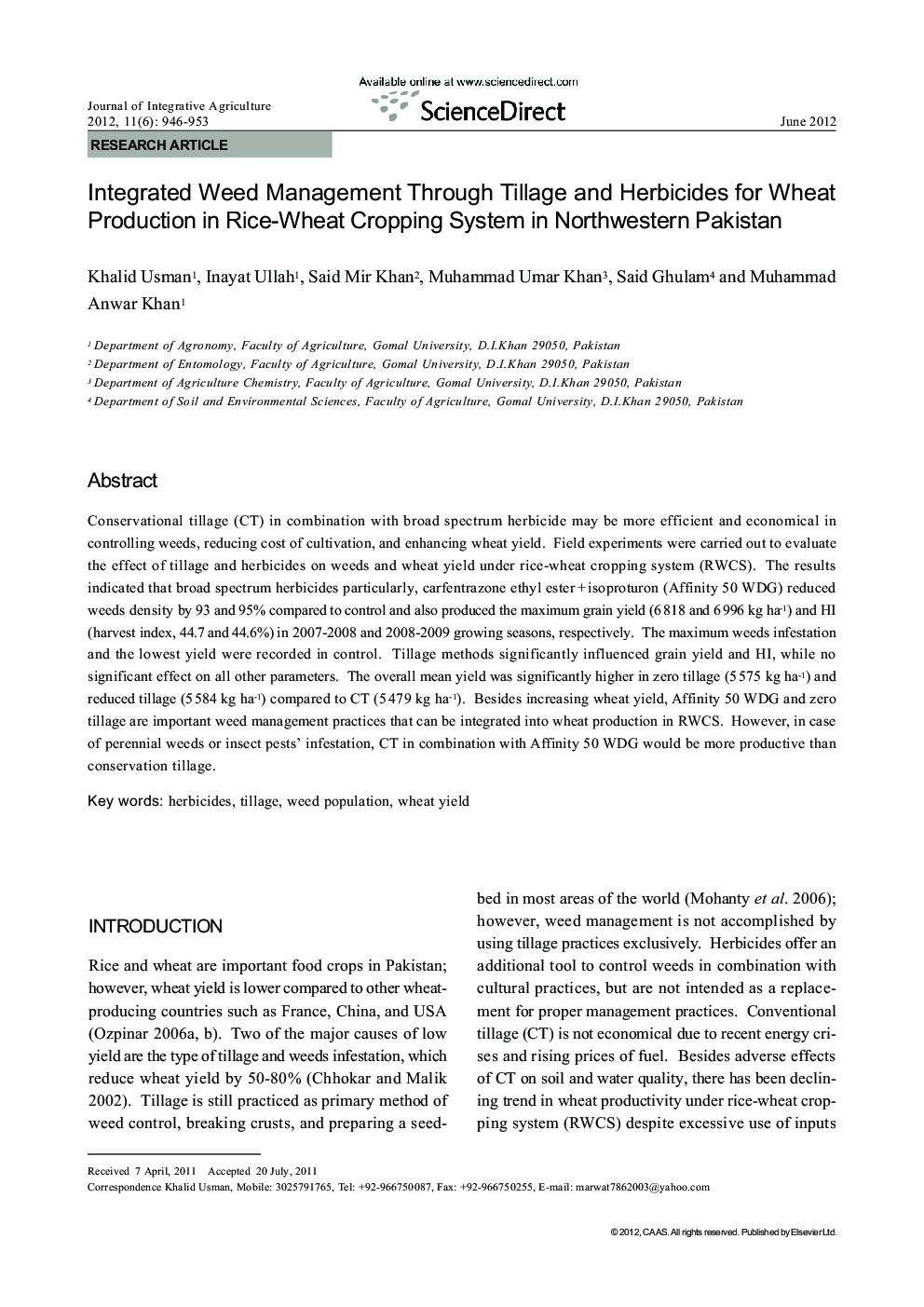 Integrated Weed Management Through Tillage and Herbicides for Wheat Production in Rice-Wheat Cropping System in Northwestern Pakistan