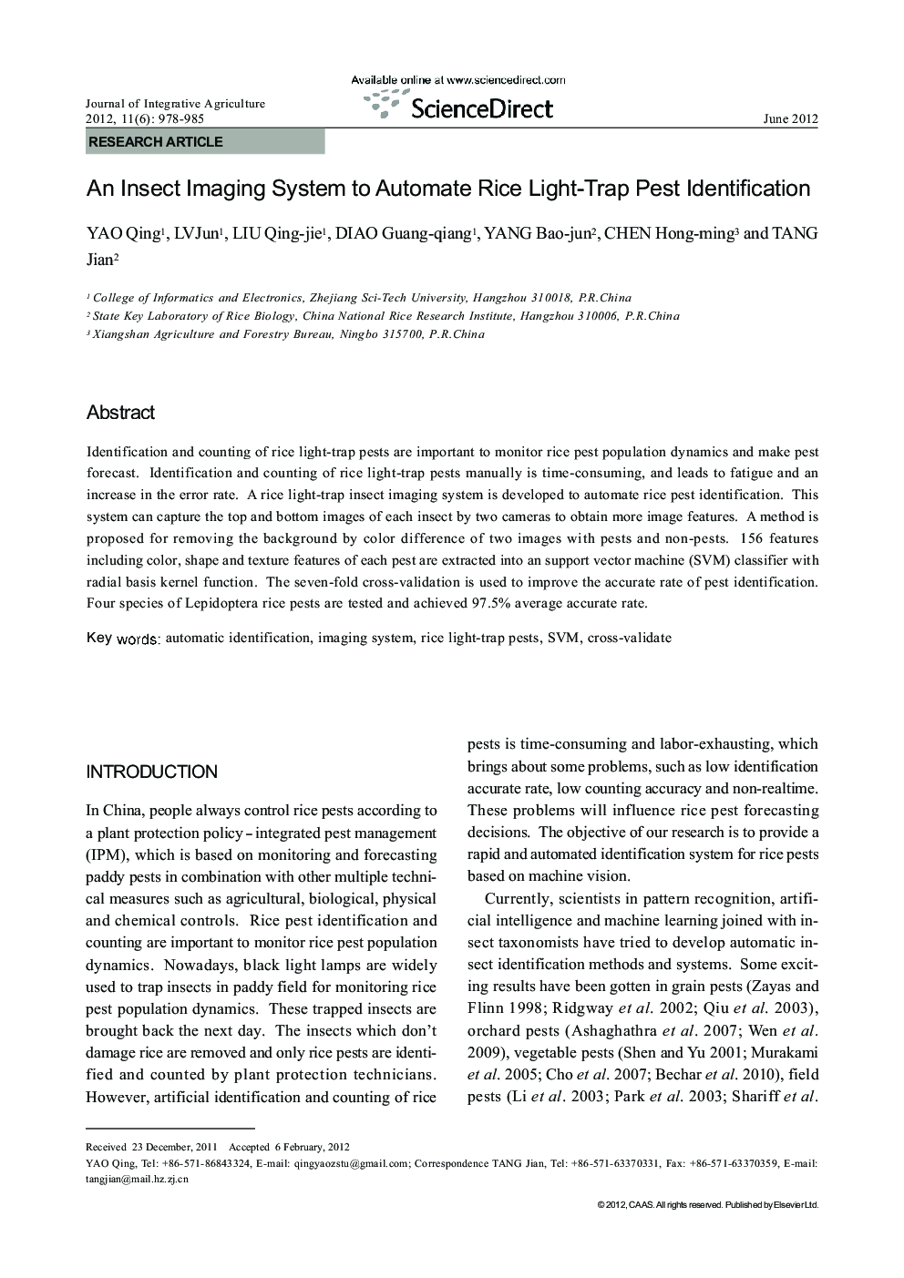 An Insect Imaging System to Automate Rice Light-Trap Pest Identification