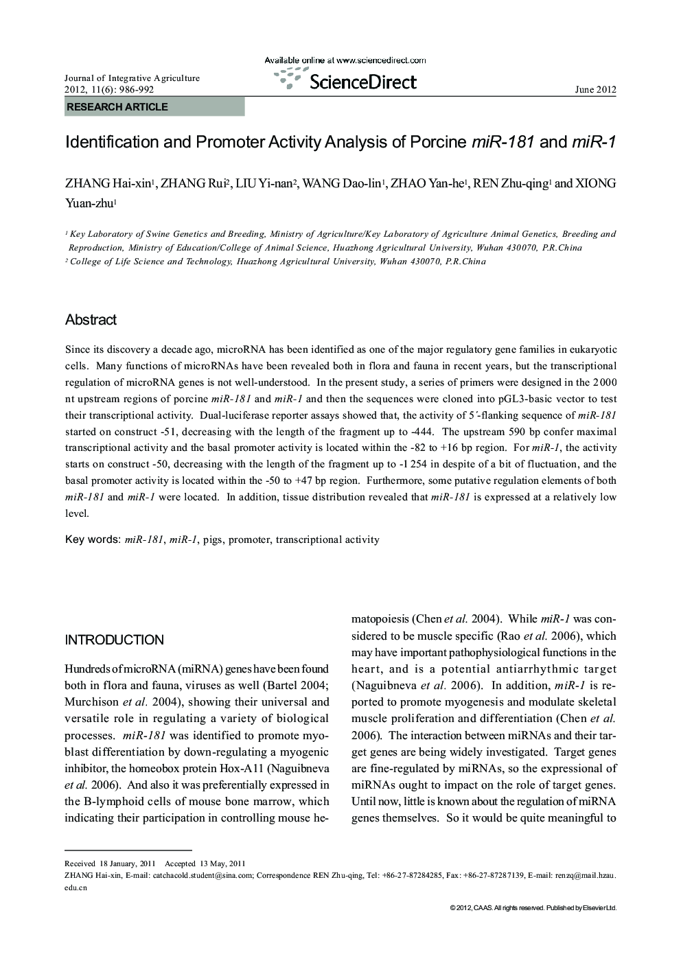 Identification and Promoter Activity Analysis of Porcine miR-181 and miR-1