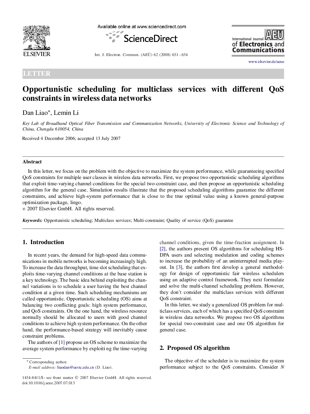 Opportunistic scheduling for multiclass services with different QoS constraints in wireless data networks