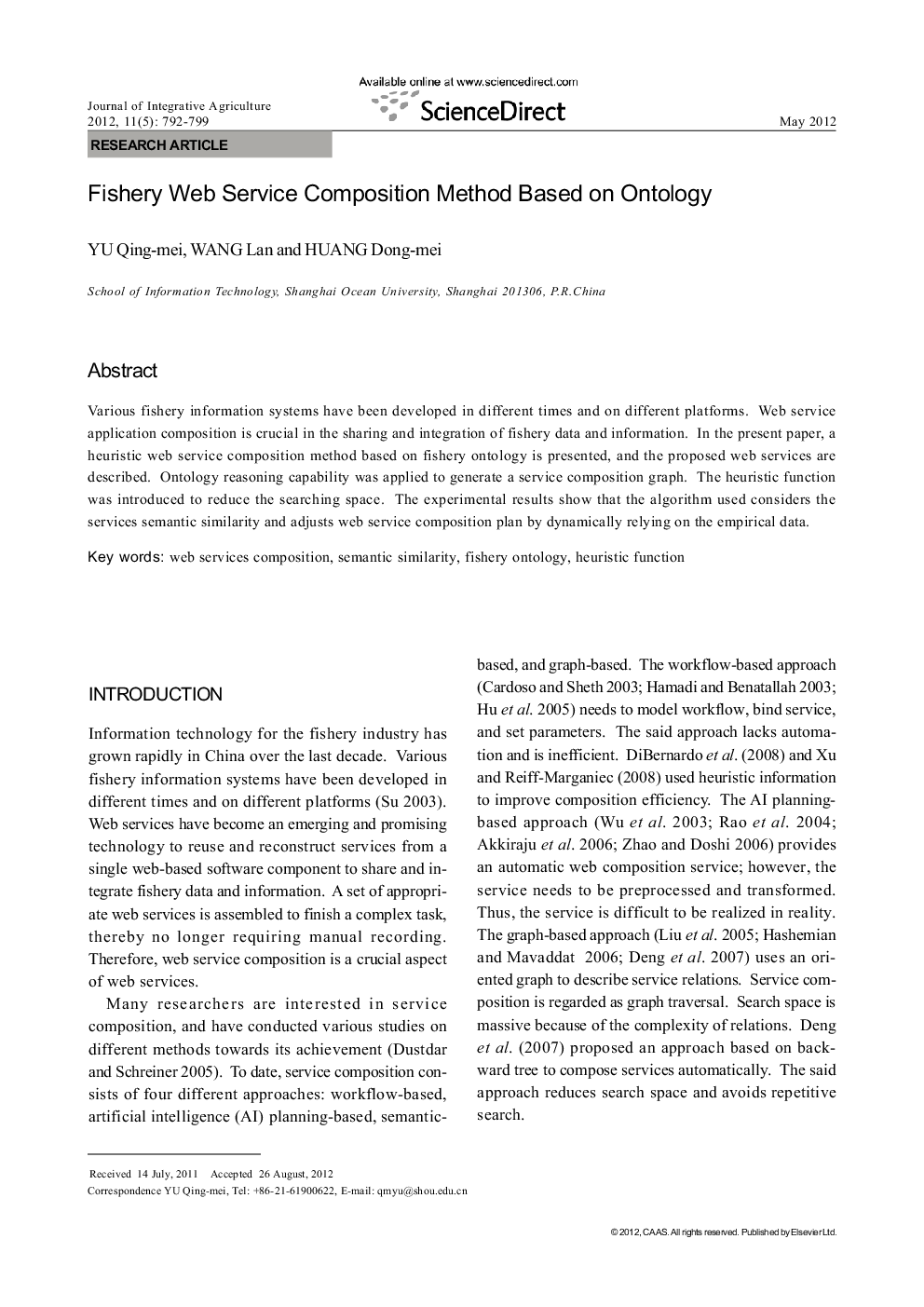 Fishery Web Service Composition Method Based on Ontology