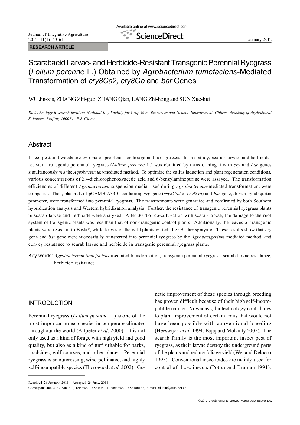 Scarabaeid Larvae- and Herbicide-Resistant Transgenic Perennial Ryegrass (Lolium perenne L.) Obtained by Agrobacterium tumefaciens-Mediated Transformation of cry8Ca2, cry8Ga and bar Genes