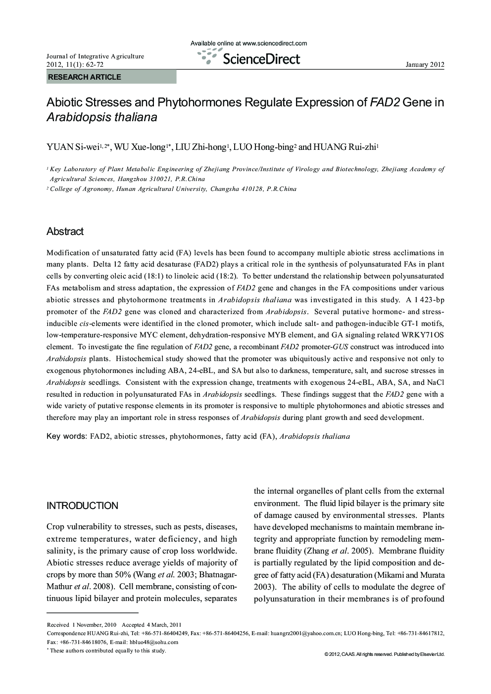 Abiotic Stresses and Phytohormones Regulate Expression of FAD2 Gene in Arabidopsis thaliana