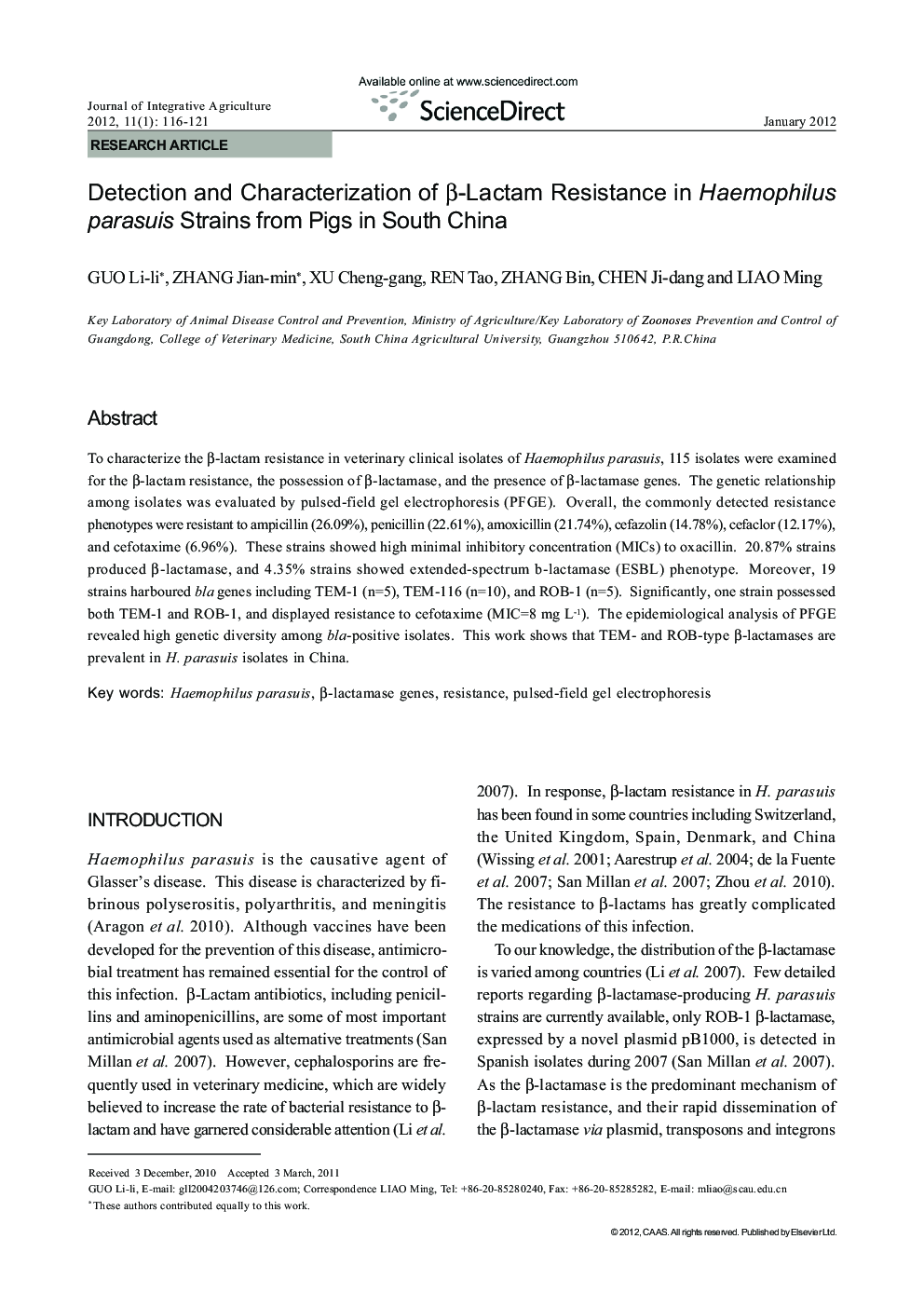 Detection and Characterization of ?-Lactam Resistance in Haemophilus parasuis Strains from Pigs in South China