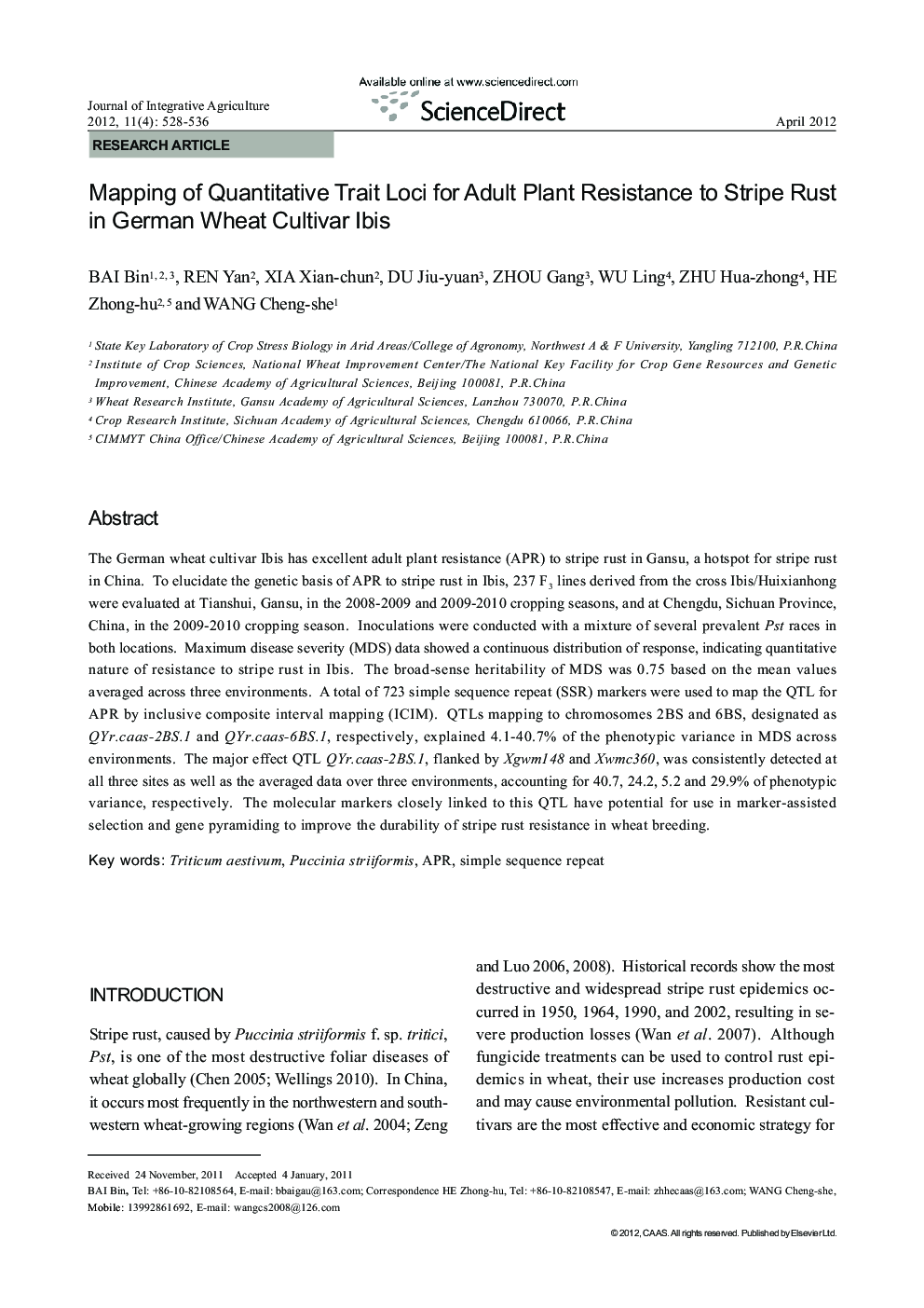 Mapping of Quantitative Trait Loci for Adult Plant Resistance to Stripe Rust in German Wheat Cultivar Ibis