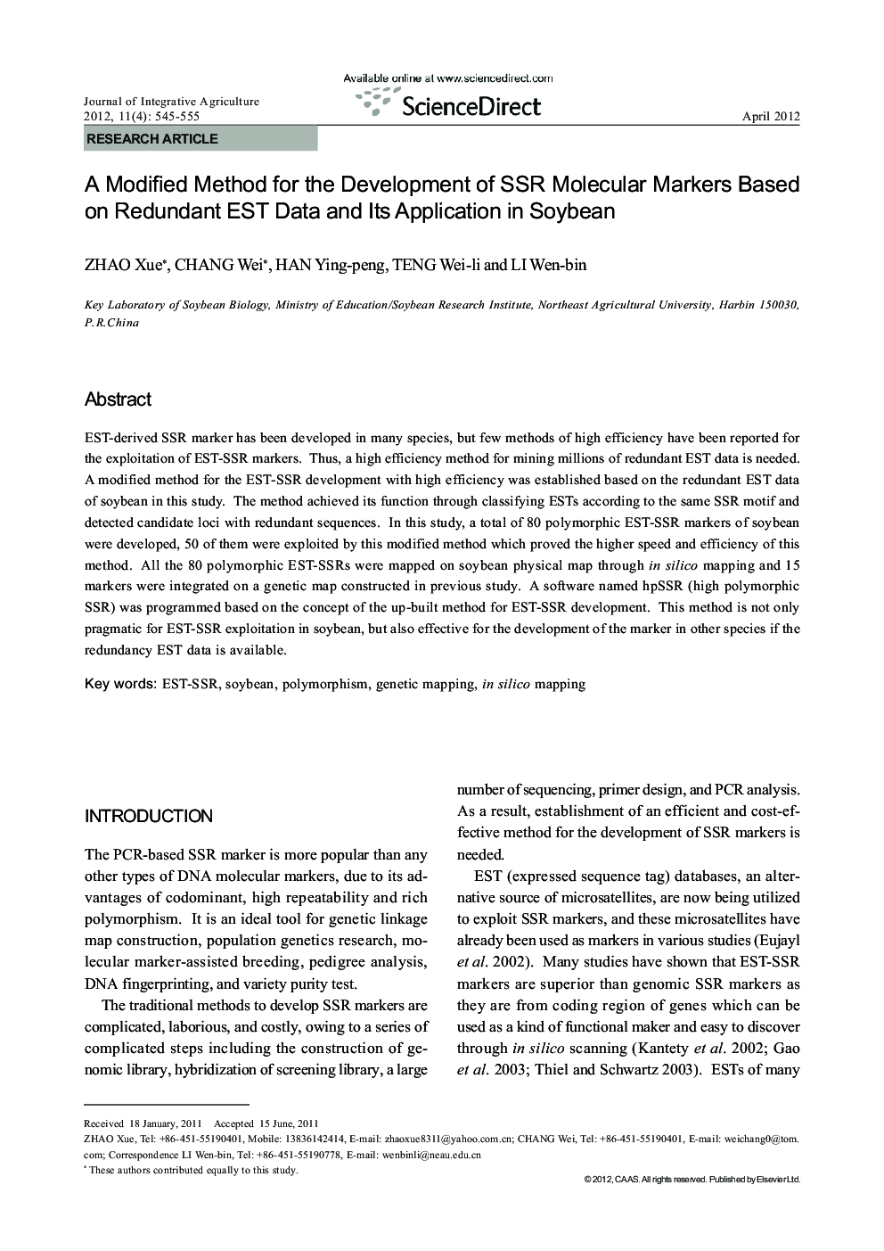 A Modified Method for the Development of SSR Molecular Markers Based on Redundant EST Data and Its Application in Soybean