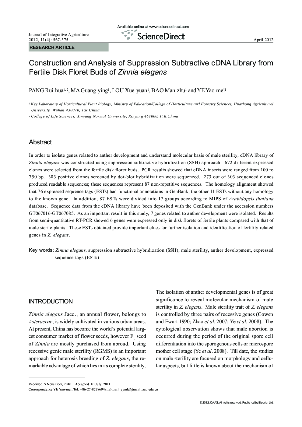 Construction and Analysis of Suppression Subtractive cDNA Library from Fertile Disk Floret Buds of Zinnia elegans