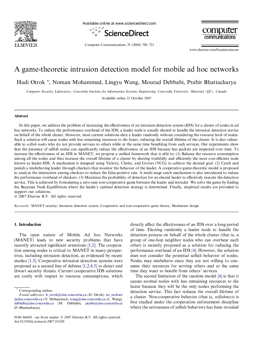 A game-theoretic intrusion detection model for mobile ad hoc networks