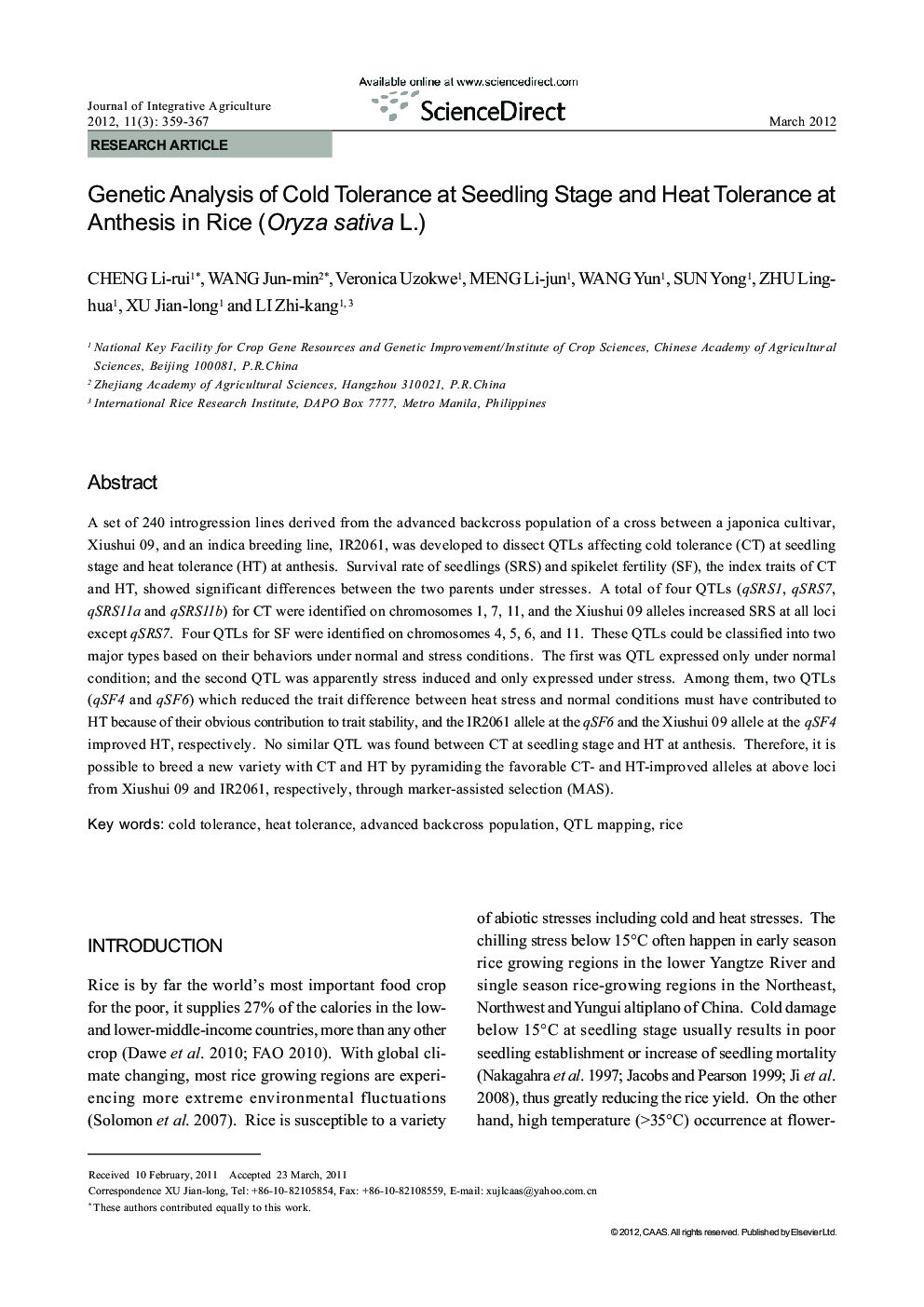 Genetic Analysis of Cold Tolerance at Seedling Stage and Heat Tolerance at Anthesis in Rice (Oryza sativa L.)