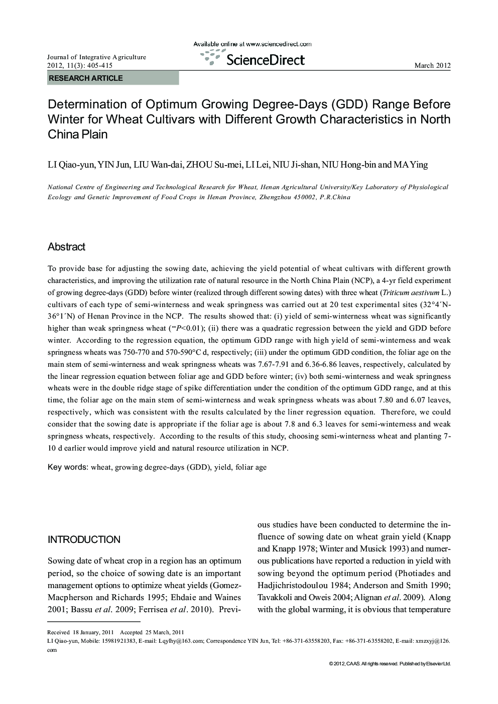 Determination of Optimum Growing Degree-Days (GDD) Range Before Winter for Wheat Cultivars with Different Growth Characteristics in North China Plain