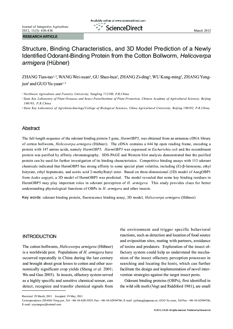 Structure, Binding Characteristics, and 3D Model Prediction of a Newly Identified Odorant-Binding Protein from the Cotton Bollworm, Helicoverpa armigera (Hübner)