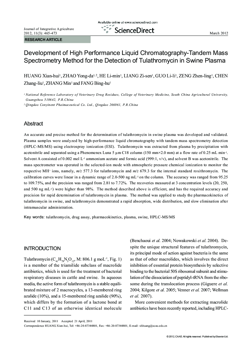 Development of High Performance Liquid Chromatography-Tandem Mass Spectrometry Method for the Detection of Tulathromycin in Swine Plasma