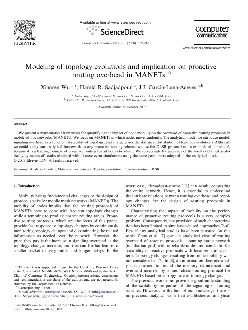 Modeling of topology evolutions and implication on proactive routing overhead in MANETs 