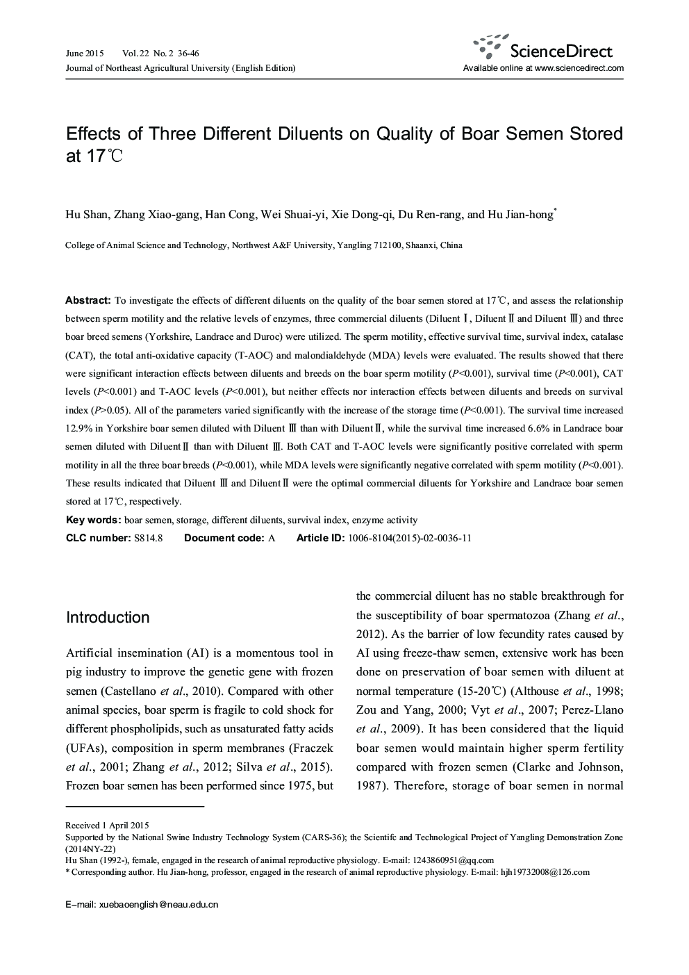 Effects of Three Different Diluents on Quality of Boar Semen Stored at 17°C 