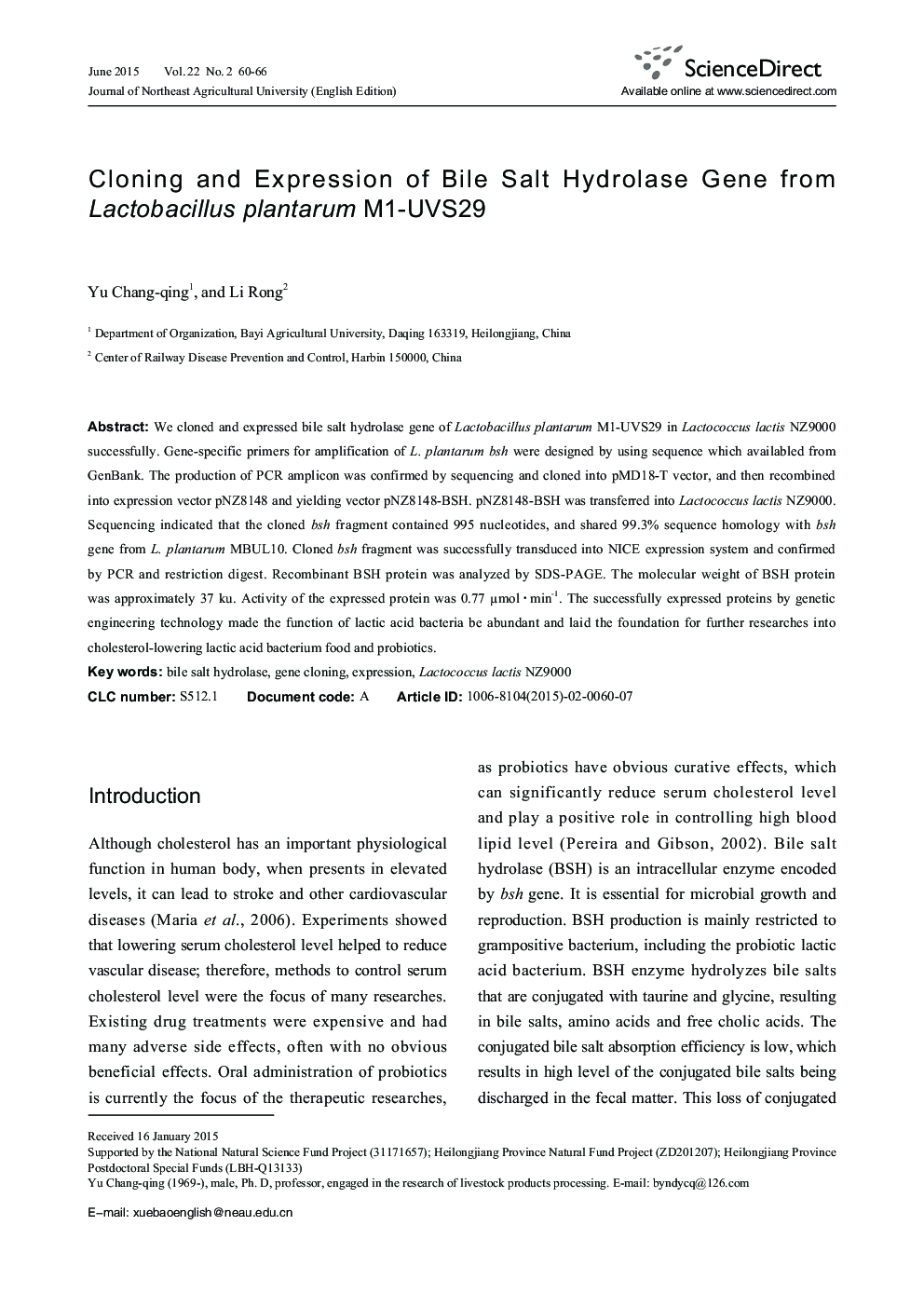 Cloning and Expression of Bile Salt Hydrolase Gene from Lactobacillus plantarum M1-UVS29 