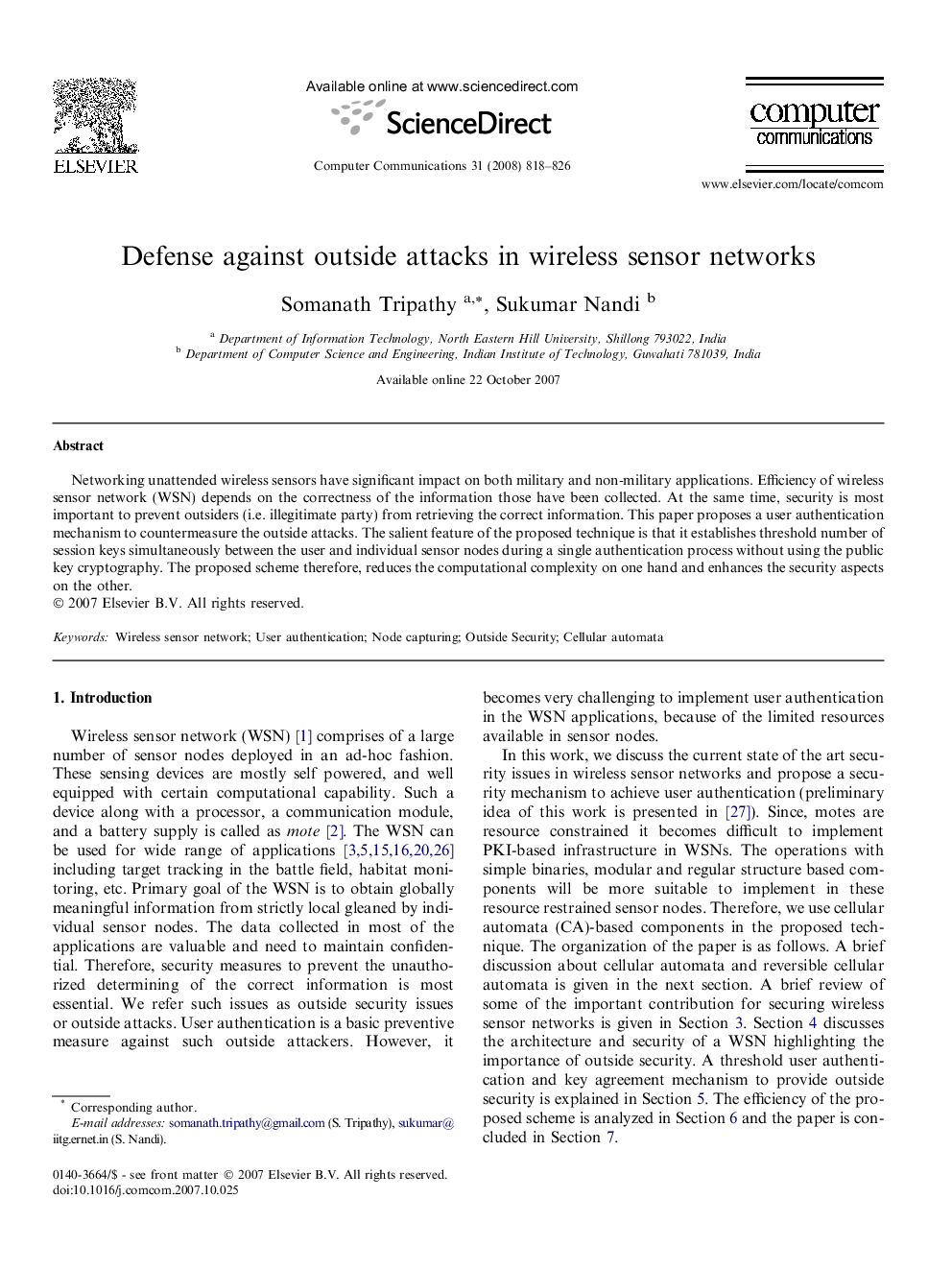 Defense against outside attacks in wireless sensor networks