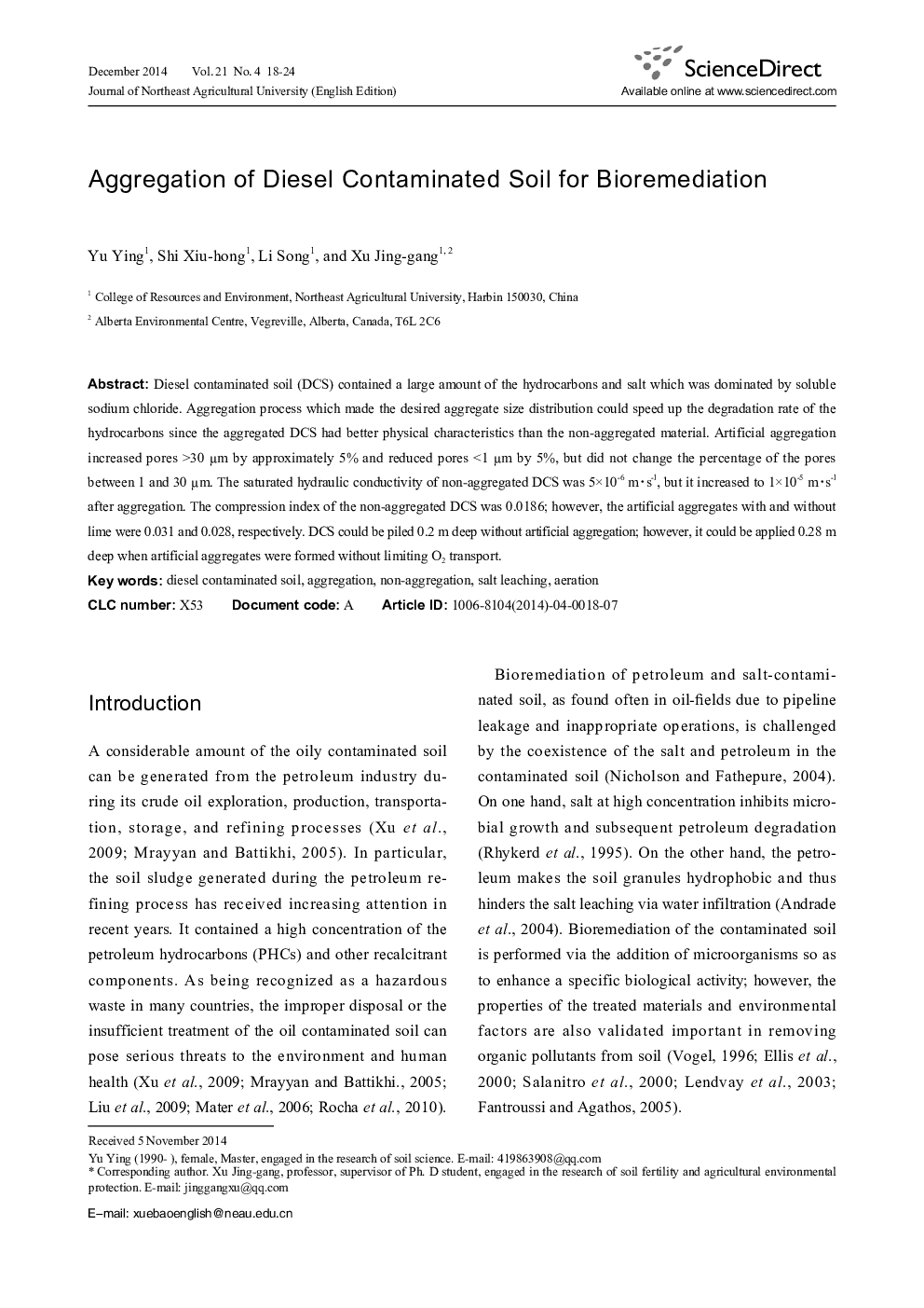 Aggregation of Diesel Contaminated Soil for Bioremediation