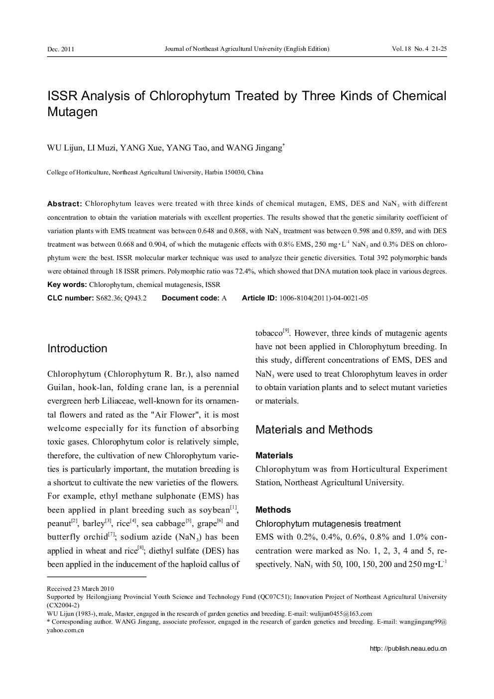 ISSR Analysis of Chlorophytum Treated by Three Kinds of Chemical Mutagen 