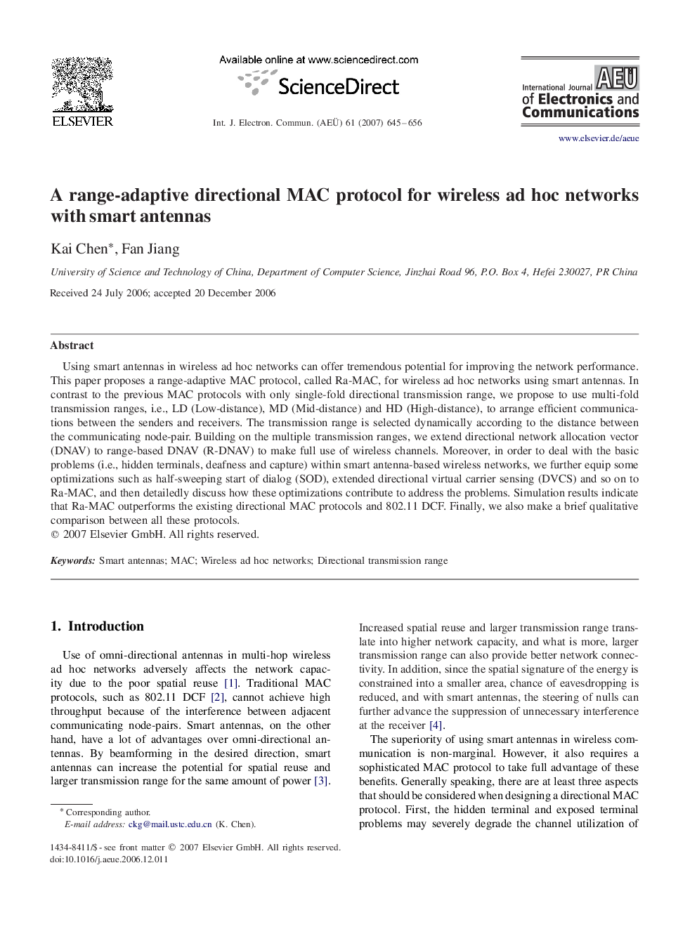 A range-adaptive directional MAC protocol for wireless ad hoc networks with smart antennas