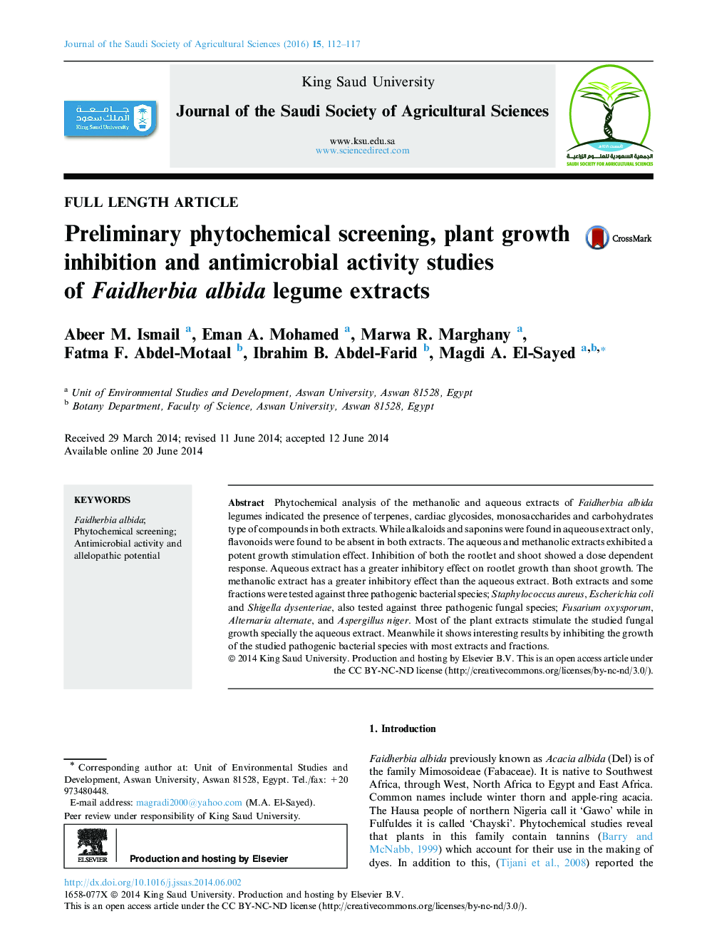 Preliminary phytochemical screening, plant growth inhibition and antimicrobial activity studies of Faidherbia albida legume extracts 