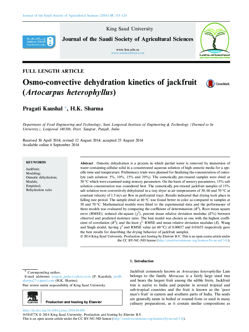 Osmo-convective dehydration kinetics of jackfruit (Artocarpus heterophyllus) 