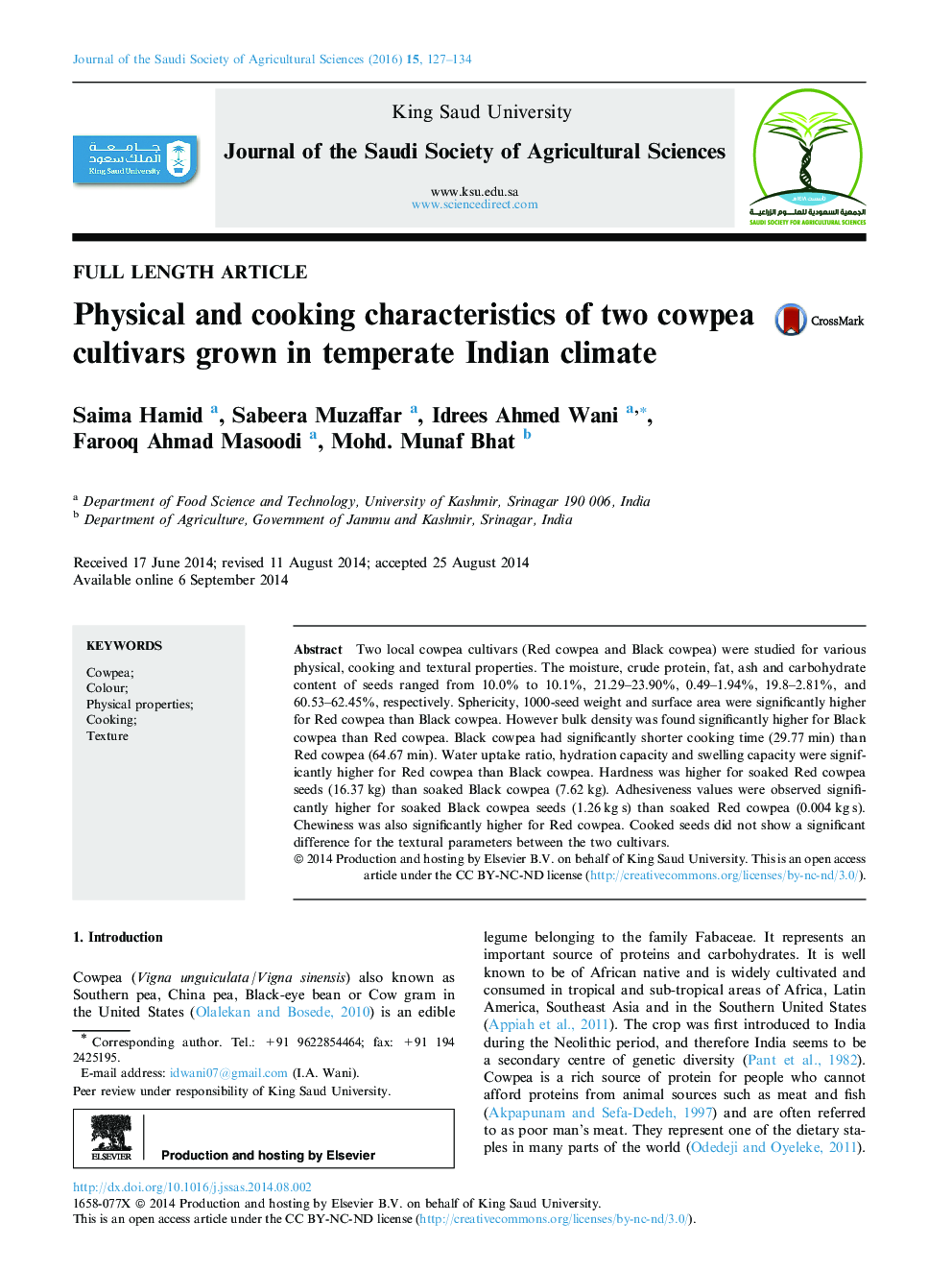 Physical and cooking characteristics of two cowpea cultivars grown in temperate Indian climate 