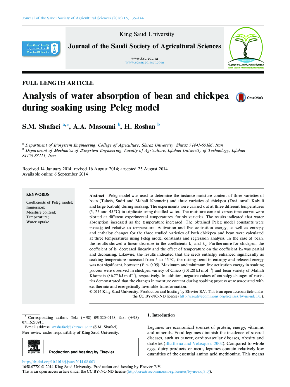 Analysis of water absorption of bean and chickpea during soaking using Peleg model 