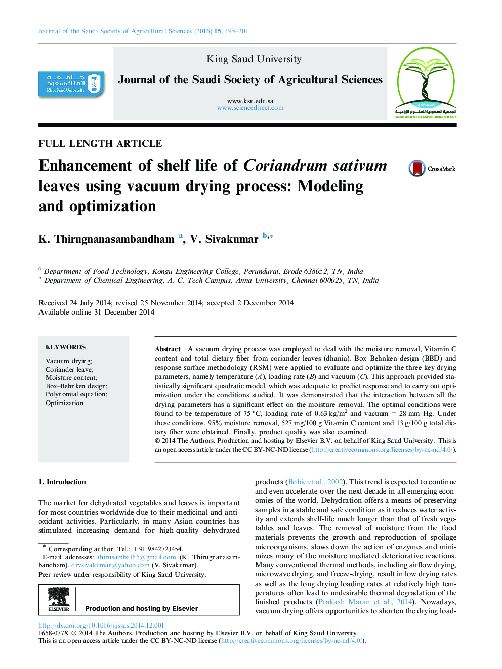 Enhancement of shelf life of Coriandrum sativum leaves using vacuum drying process: Modeling and optimization 
