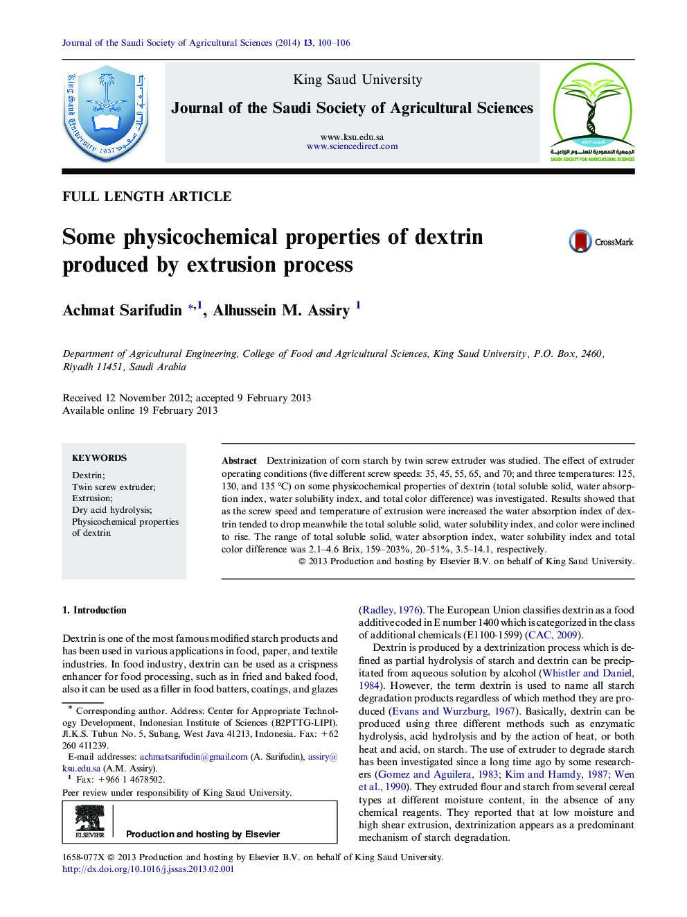 Some physicochemical properties of dextrin produced by extrusion process 