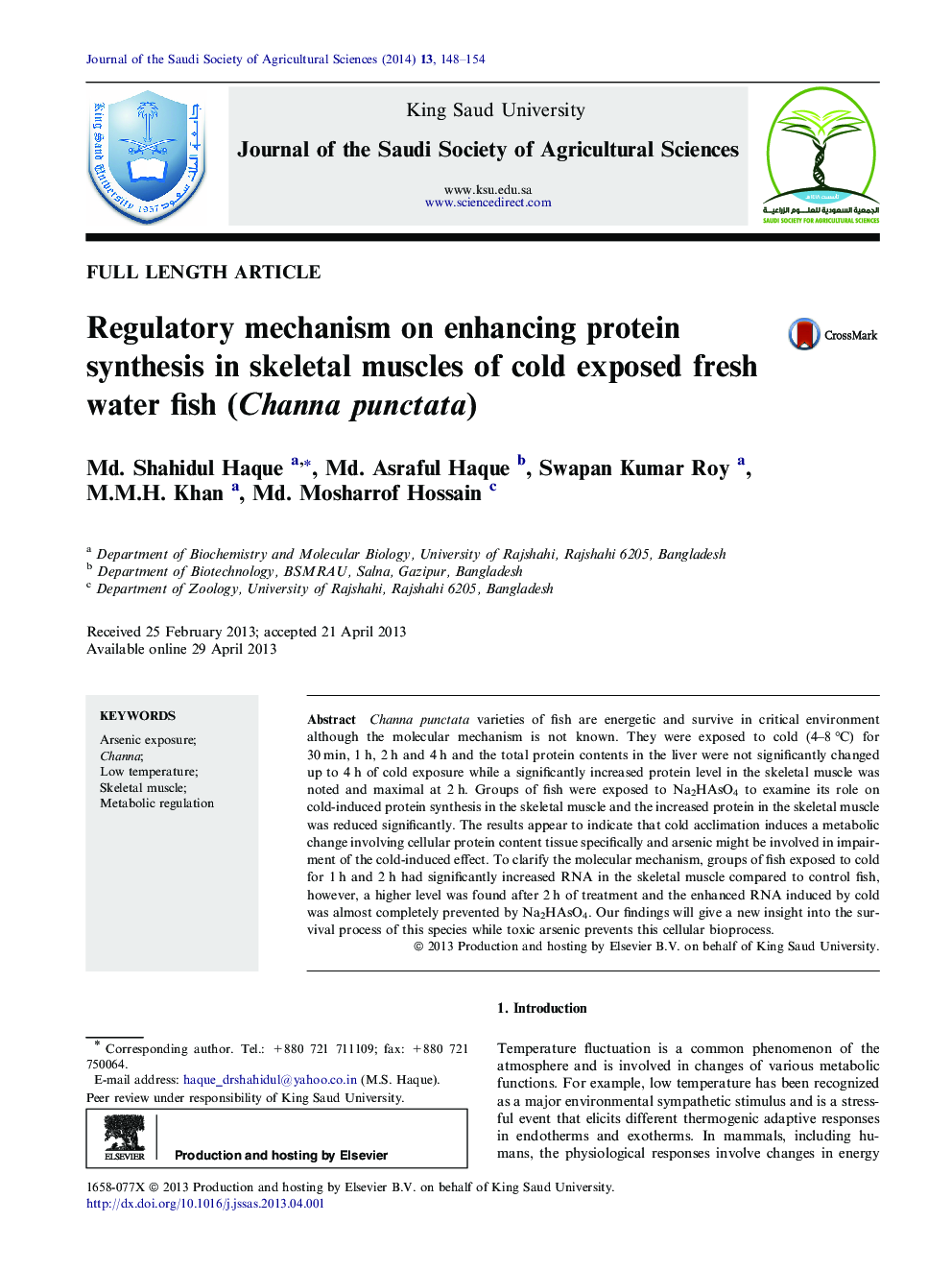 Regulatory mechanism on enhancing protein synthesis in skeletal muscles of cold exposed fresh water fish (Channa punctata) 