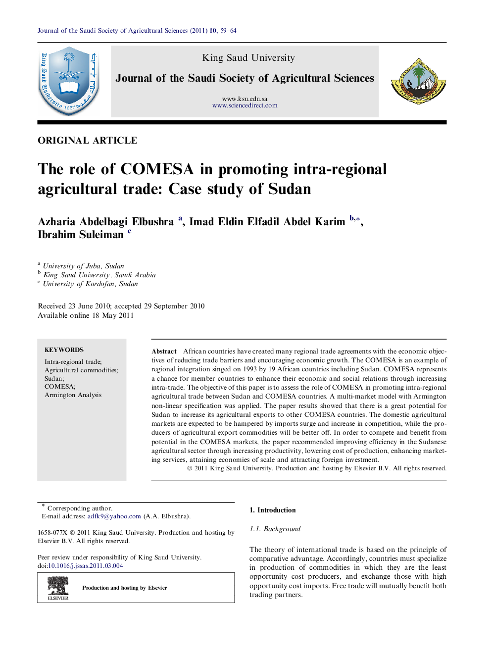 The role of COMESA in promoting intra-regional agricultural trade: Case study of Sudan