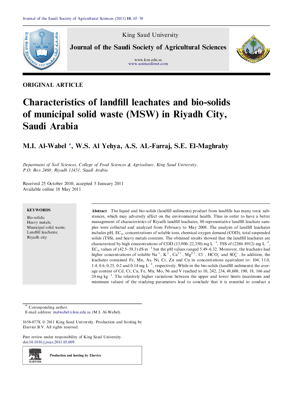 Characteristics of landfill leachates and bio-solids of municipal solid waste (MSW) in Riyadh City, Saudi Arabia