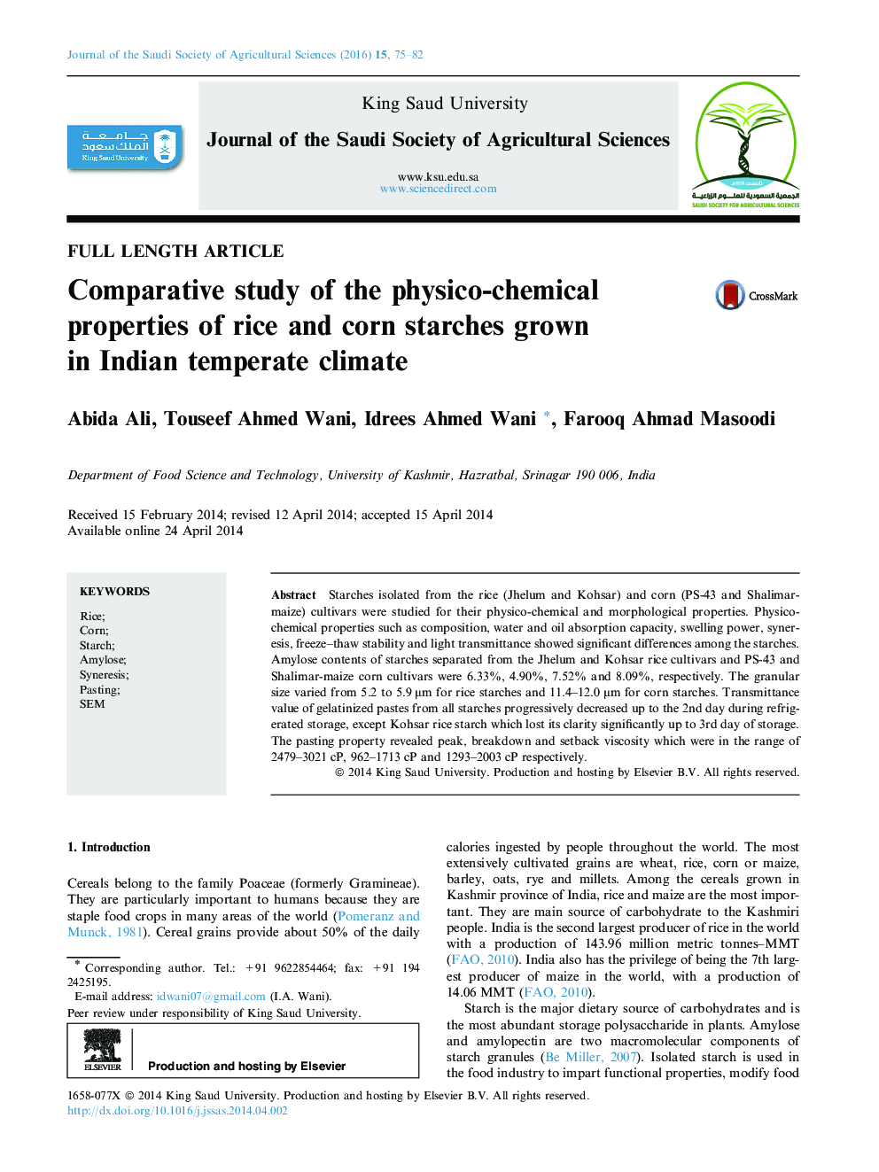 Comparative study of the physico-chemical properties of rice and corn starches grown in Indian temperate climate 