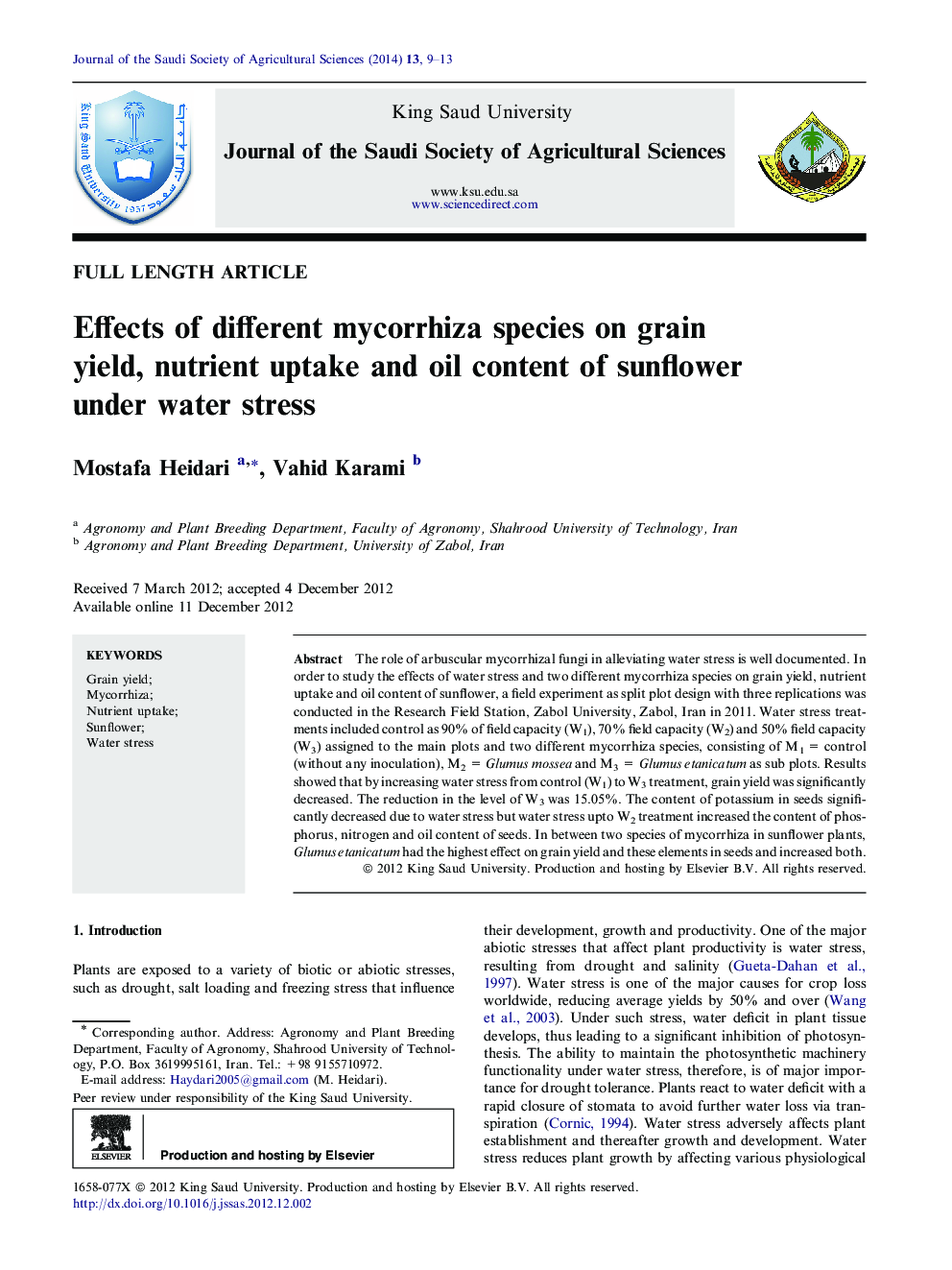 Effects of different mycorrhiza species on grain yield, nutrient uptake and oil content of sunflower under water stress 