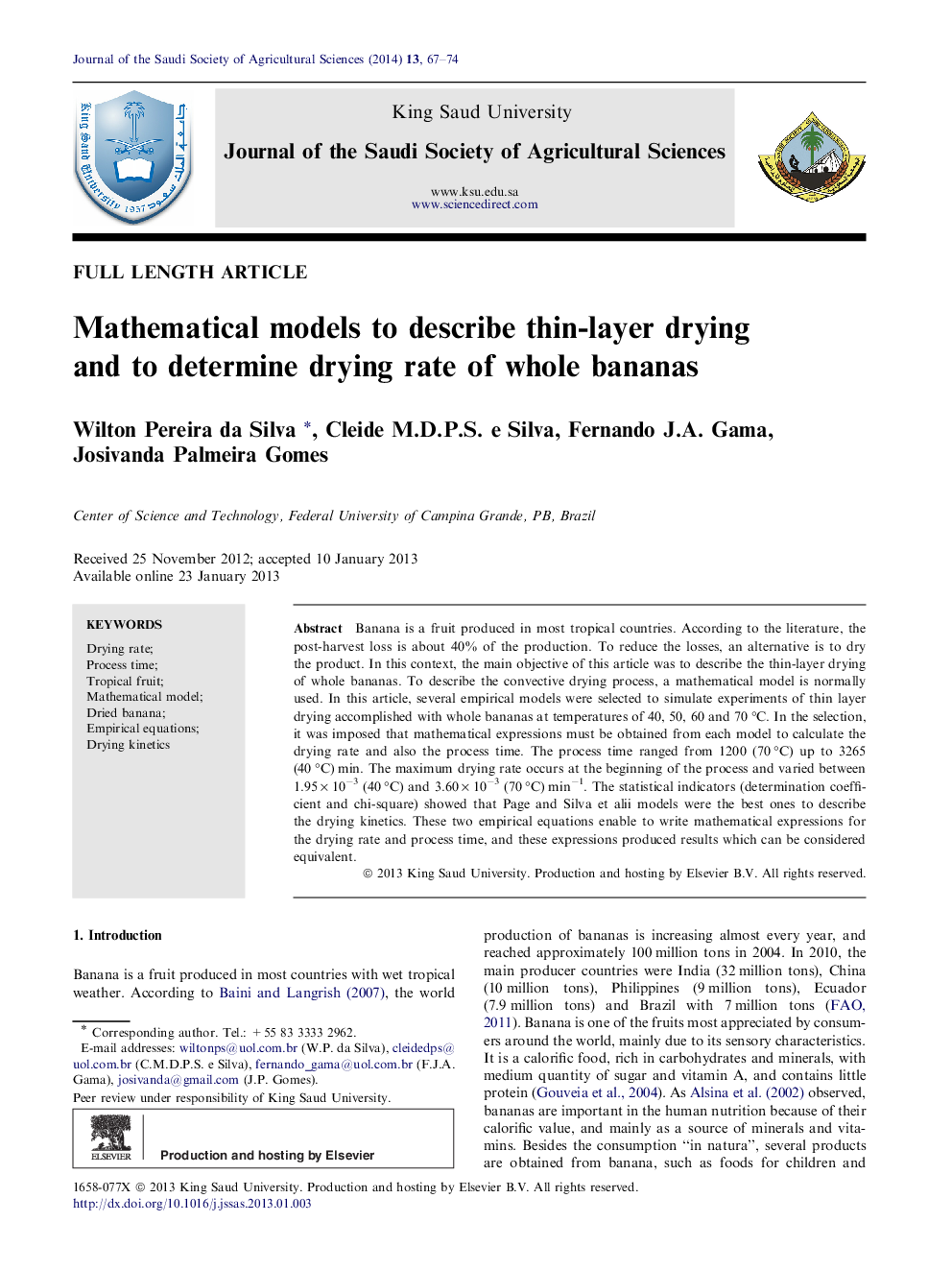 Mathematical models to describe thin-layer drying and to determine drying rate of whole bananas 