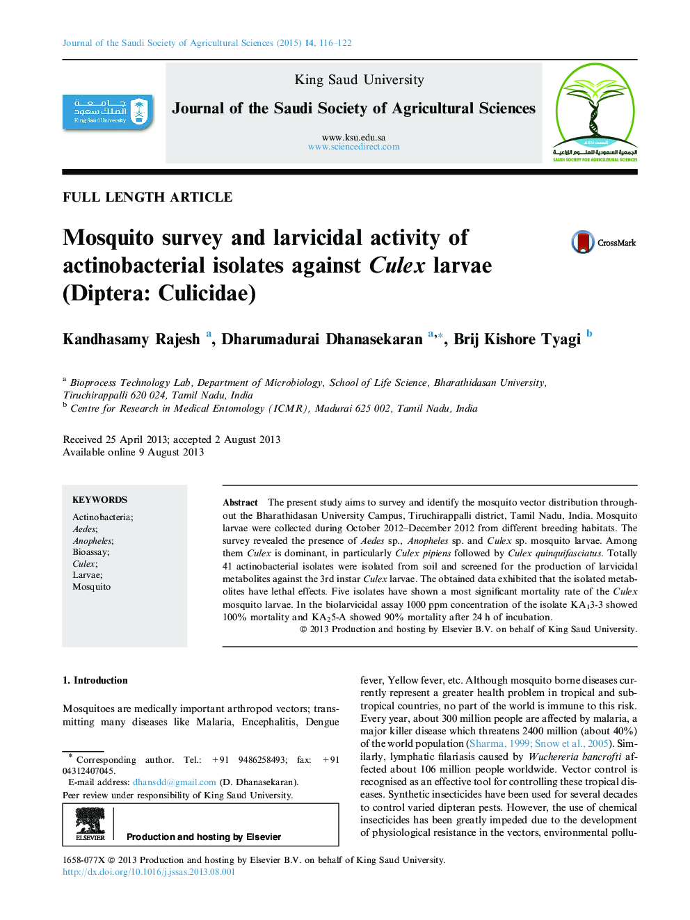 Mosquito survey and larvicidal activity of actinobacterial isolates against Culex larvae (Diptera: Culicidae) 