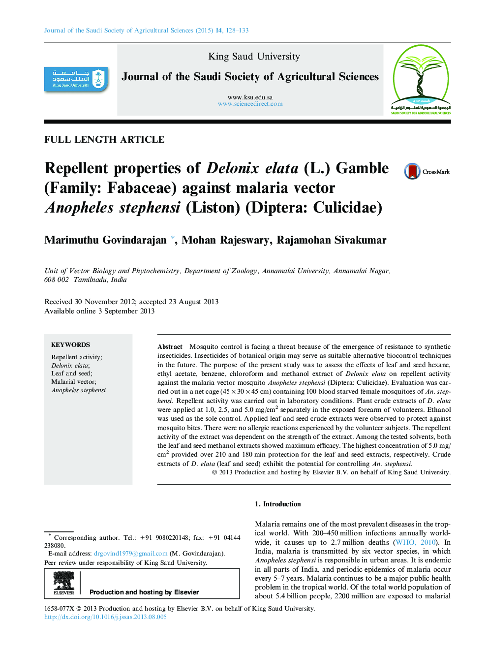 Repellent properties of Delonix elata (L.) Gamble (Family: Fabaceae) against malaria vector Anopheles stephensi (Liston) (Diptera: Culicidae) 