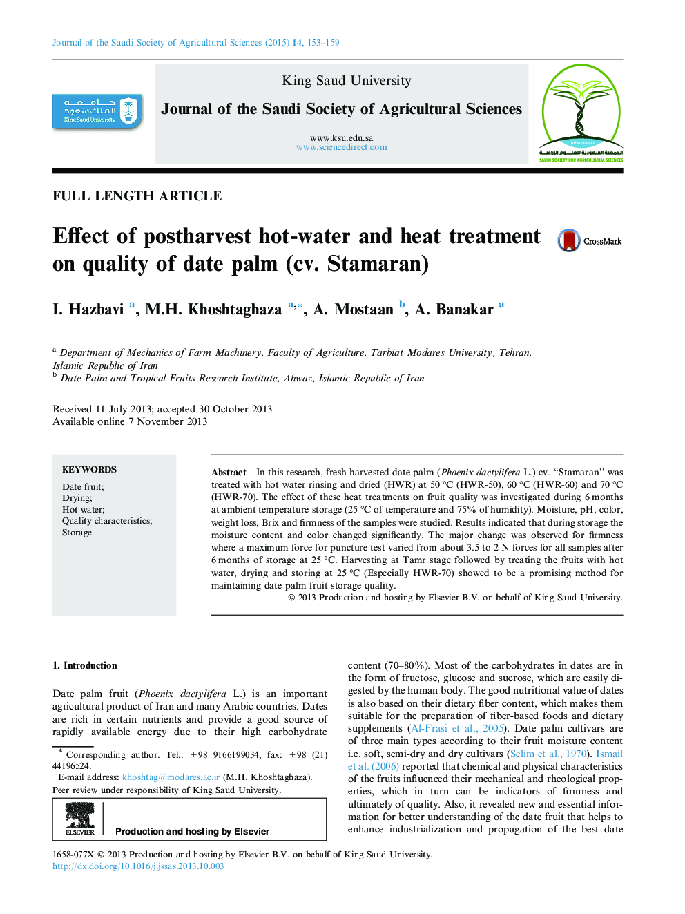 Effect of postharvest hot-water and heat treatment on quality of date palm (cv. Stamaran) 