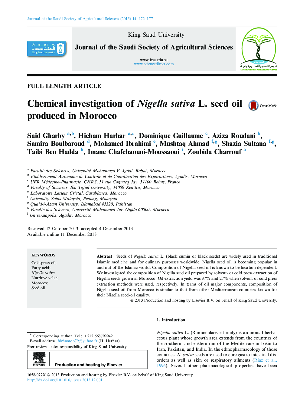 Chemical investigation of Nigella sativa L. seed oil produced in Morocco 