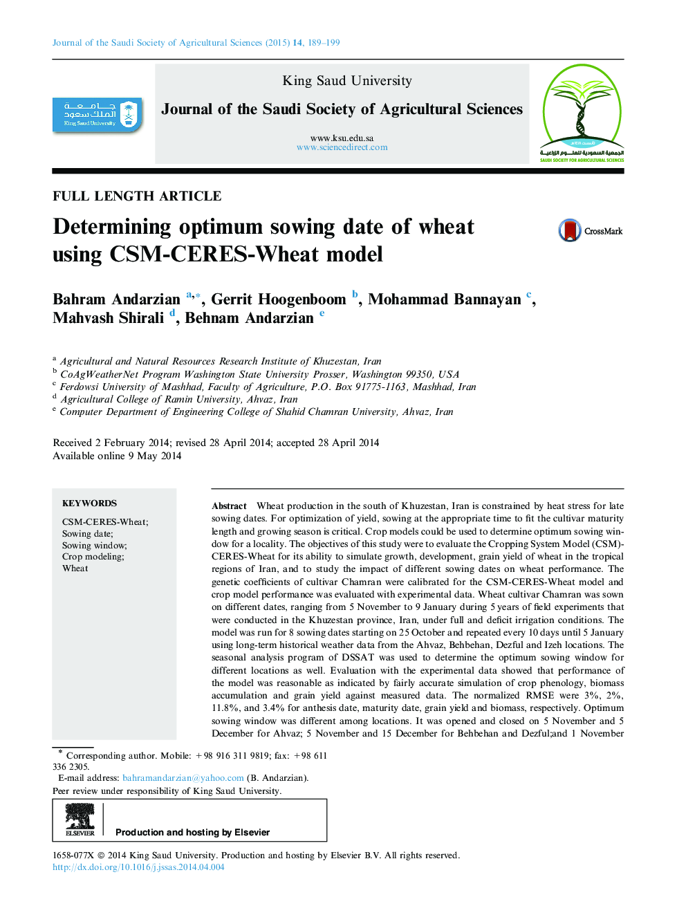 Determining optimum sowing date of wheat using CSM-CERES-Wheat model 