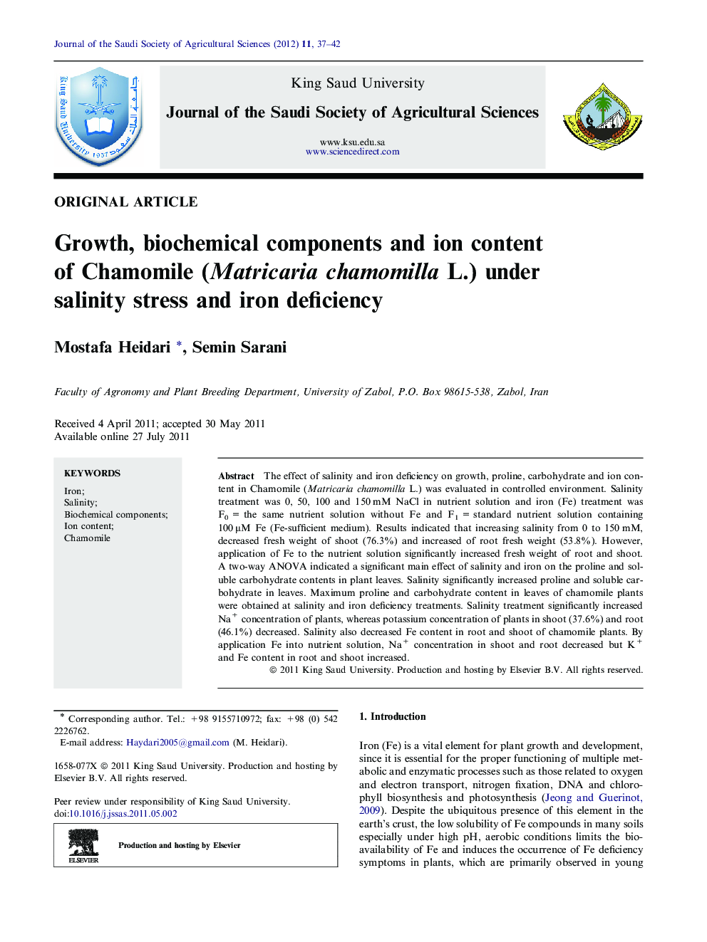 Growth, biochemical components and ion content of Chamomile (Matricaria chamomilla L.) under salinity stress and iron deficiency
