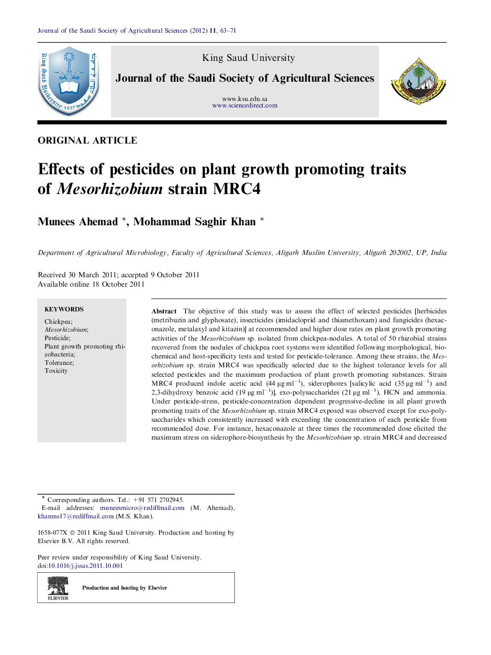 Effects of pesticides on plant growth promoting traits of Mesorhizobium strain MRC4