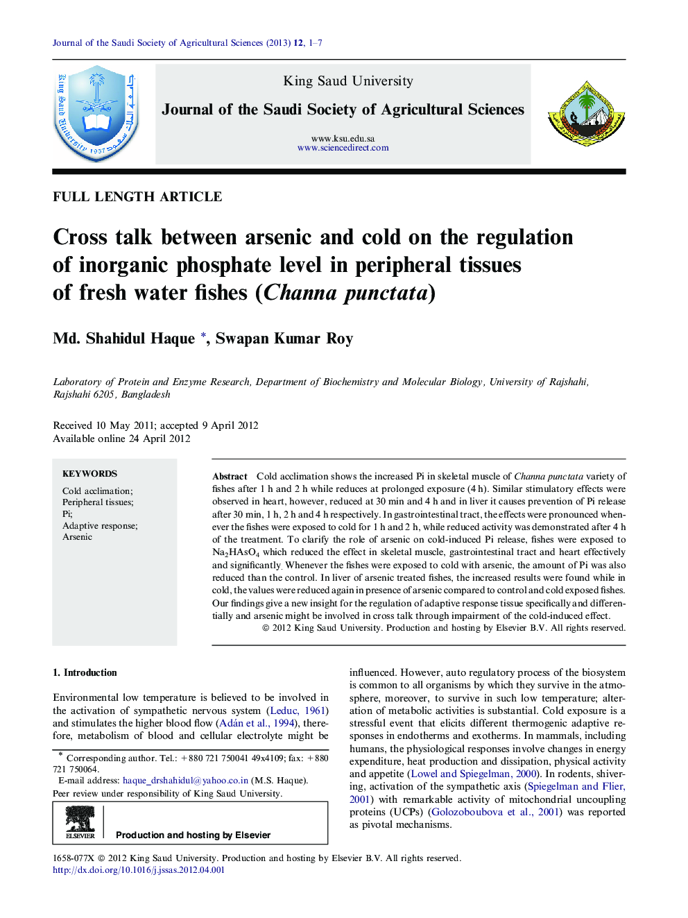 Cross talk between arsenic and cold on the regulation of inorganic phosphate level in peripheral tissues of fresh water fishes (Channa punctata) 