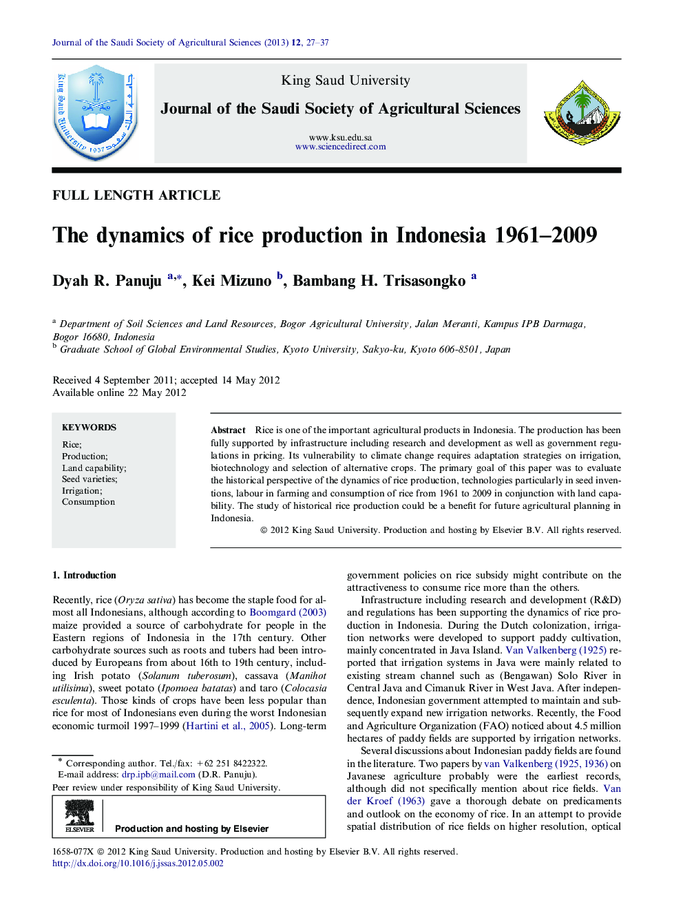 The dynamics of rice production in Indonesia 1961–2009 